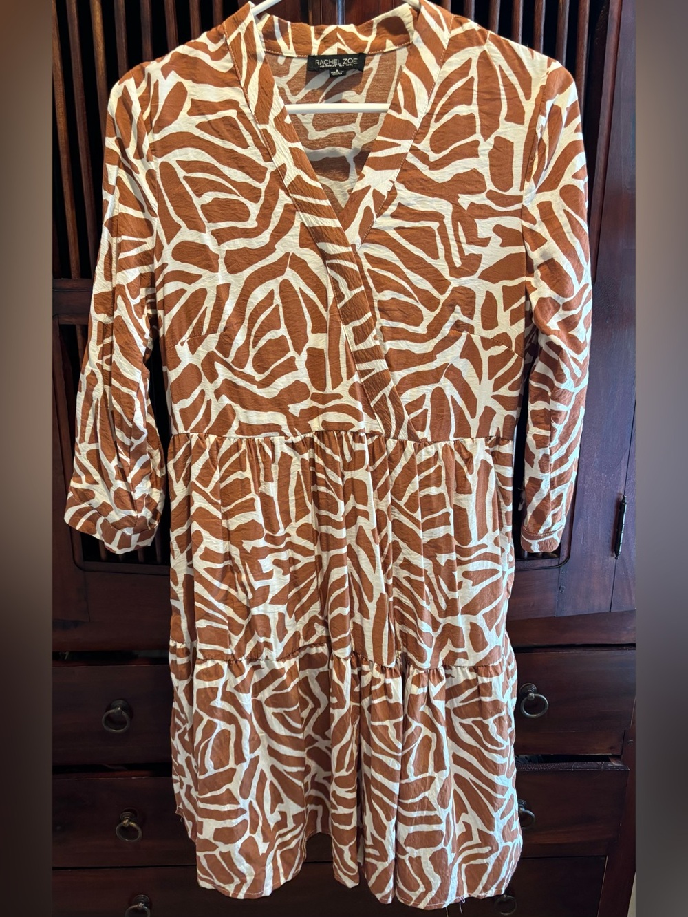 Rachel Zoe Cream & Brown Abstract Tiered Midi Dress